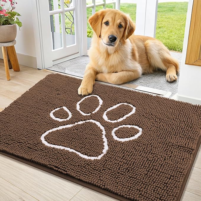Smiry Dog Door Mat for Muddy Paws, Absorbent Dirt Trapper Non Slip Quick Dry Washable Chenille Mat for Mud Dogs, Entry Rug for Indoor and Outdoor (36x24 Inches, Coffee and White)