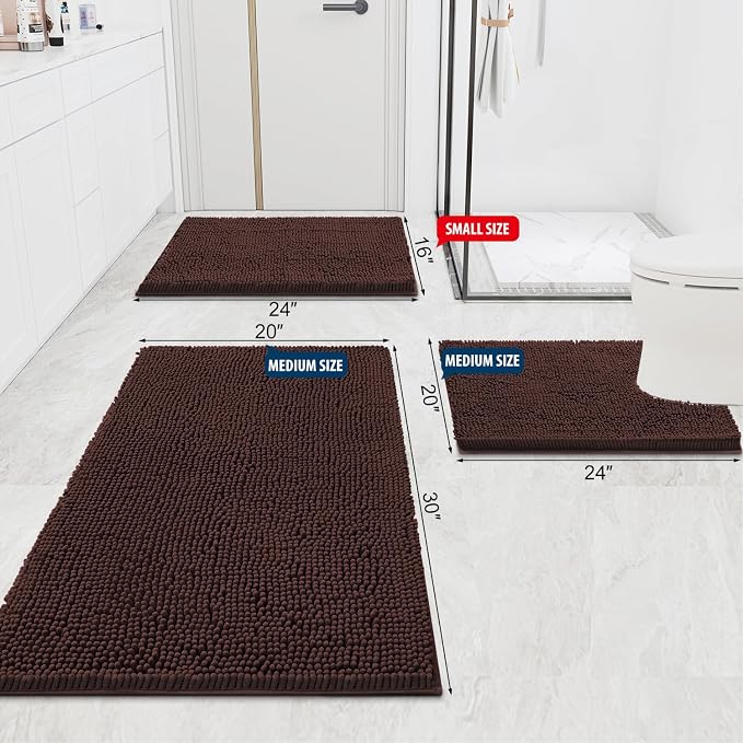 Smiry Luxury Chenille Bathroom Rugs 47x17, Extra Soft and Absorbent Shaggy Bath Mat, Machine Washable, Non-Slip Plush Carpet Runner for Tub, Shower, and Floor, Home Decor Accessories, Brown