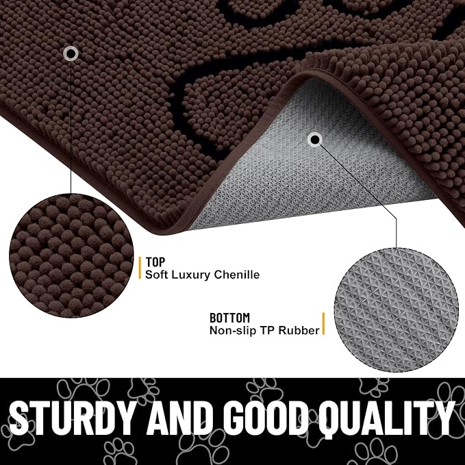 Smiry Dog Door Mat for Muddy Paws, Absorbent Dirt Trapper Non Slip Quick Dry Washable Chenille Mat for Mud Dogs, Entry Rug for Indoor and Outdoor (47x24 Inches, Brown and Black)