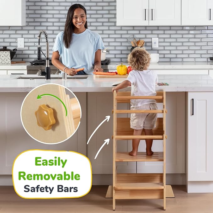 OCODILE Toddler Standing Tower - Adjustable Height Toddler Kitchen Stool Helper - Ideal Kids Kitchen Step Stool for Learning New Skills - Extra Secure with Safety Feet - Varnished