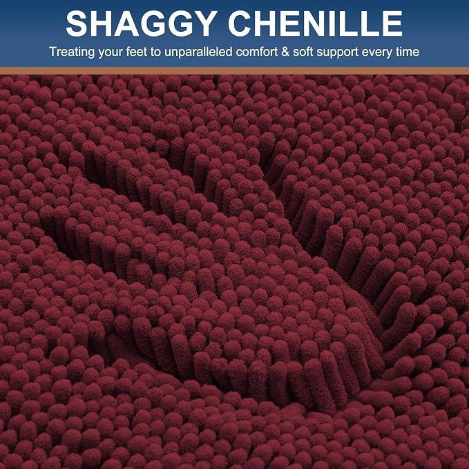 Smiry Luxury Chenille Bathroom Rugs 45x27, Extra Soft and Absorbent Shaggy Bath Mat, Machine Washable, Non-Slip Plush Carpet Runner for Tub, Shower, and Floor, Home Decor Accessories, Burgundy