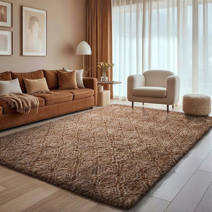 Ophanie 6x9 Brown and White Diamond Striped Rugs for Living Room,Large Fluffy Shag Fuzzy Plush Soft Carpets, Shaggy Rug for Bedroom, Carpet for Kids Boys Girls Dorm Nursery Home Decor Aesthetic