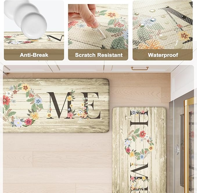 KIMODE Anti Fatigue Mats for Kitchen Floor,Farmhouse Floral Rugs Sets of 2,Cushioned Carpet Non Slip,Wide Memory Foam Runner for Bathroom Sink Laundry Office,Beige 20"x47"+20"x32"