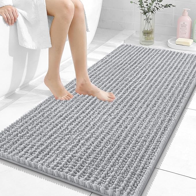 OLANLY Long Bathroom Rugs Runner 47x24, Thick Soft and Absorbent Chenille Bath Mat, Non-Slip, Machine Washable Quick Dry Bath Rugs for Tub Shower Floor, Home Decor Accessories, Light Grey
