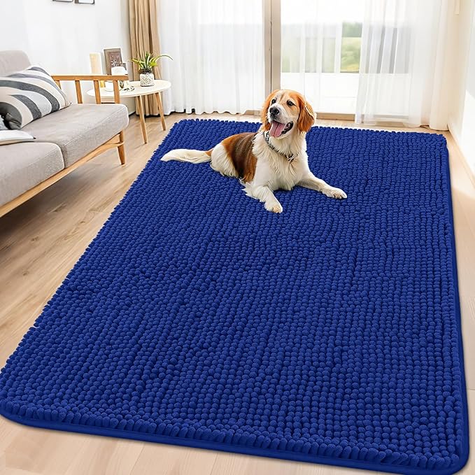 Smiry Dog Door Mat for Muddy Paws 71x46, Absorbent Dirt Trapper, Non-Slip Washable Chenille Entryway Rug for Inside Floor, Royal Blue, Classic Solid