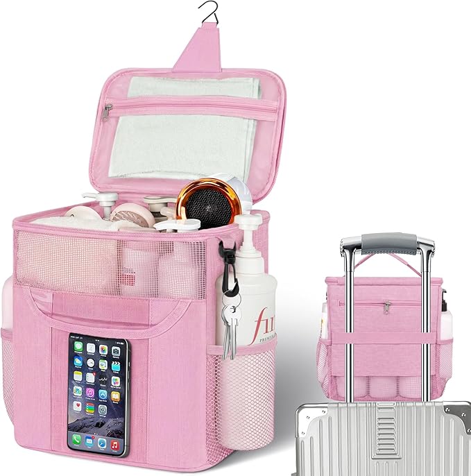 Attmu Shower Caddy Portable for Dorm Room Essentials, Hanging Shower Bag for College, Large Capacity Mesh Shower Caddy for Bath Essentials (Light Pink)