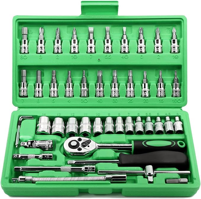 Egofine 46 Pieces 1/4 inch Drive Socket Ratchet Wrench Set, with Bit Socket Set Metric and Extension Bar for Auto Repairing and Household, with Green Storage Case