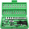 Egofine 46 Pieces 1/4 inch Drive Socket Ratchet Wrench Set, with Bit Socket Set Metric and Extension Bar for Auto Repairing and Household, with Green Storage Case