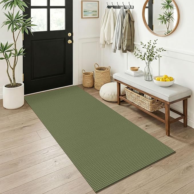 KOZYFLY 3x6 Washable Runner Rug, Non Slip Wide Runners for Hallway, Woven Large Entryway Runners, Braided Floor Carpet Runner for Entry, Kitchen, Bedside, Hall, Olive Green/Earthy Green