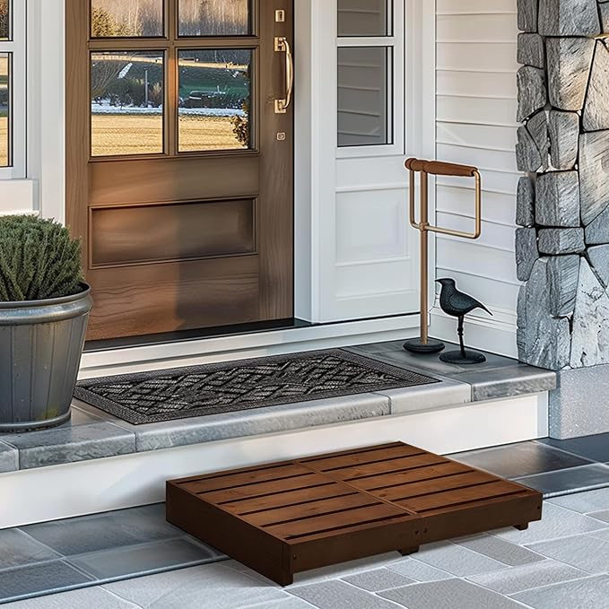 Indoor Wooden Step Stool 3.5'' Height, Outdoor Steps with Non Slip Pads, Step for Outside, Safety Stepping Stool for Bathroom, Kitchen, Bed, Dark Brown