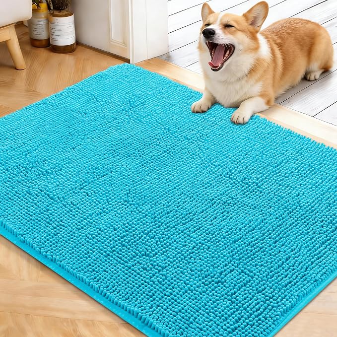 OLANLY Dog Door Mat for Muddy Paws 40x32, Absorbs Moisture and Dirt, Absorbent Non-Slip Washable Doormat, Quick Dry Chenille Mud Mat for Dogs, Entry Indoor Entryway Carpet for Inside Floor, Aqua Blue