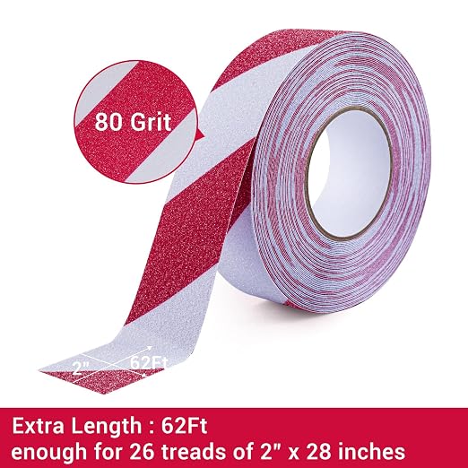 Anti Slip Tape, 2 Inch x 62 Ft Grip Tape for Stairs Outdoor/Indoor, Waterproof Non Skid Roll for Stair Treads Non Slip, High Traction Friction Abrasive Adhesive Stair Steps, Caution Red/White
