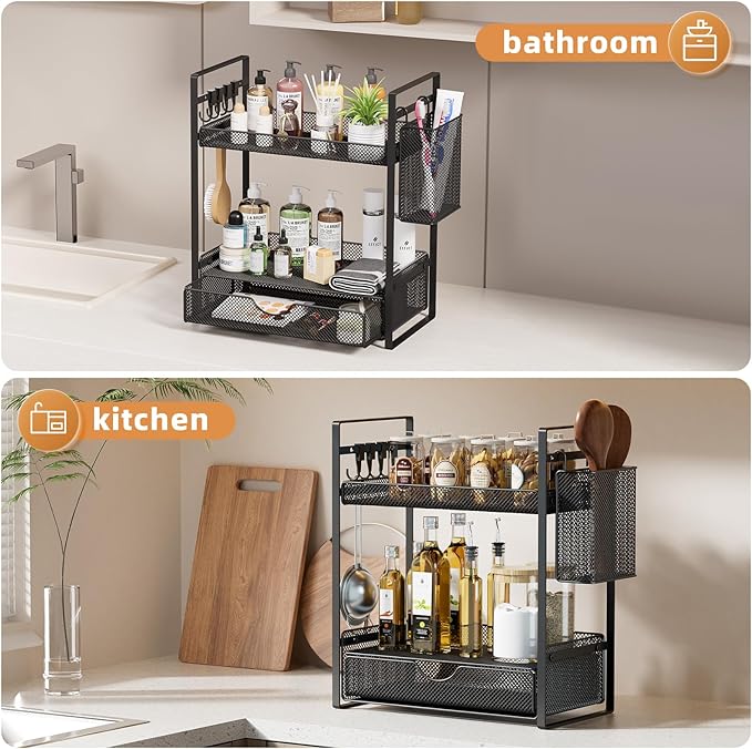 VITVITI 2 Tier Bathroom Organizer Countertop with Drawer, Metal Mesh Bathroom Counter Vanity Organizer Storage, Bath Room Sink Kitchen Spice Rack with Basket Hooks, Black