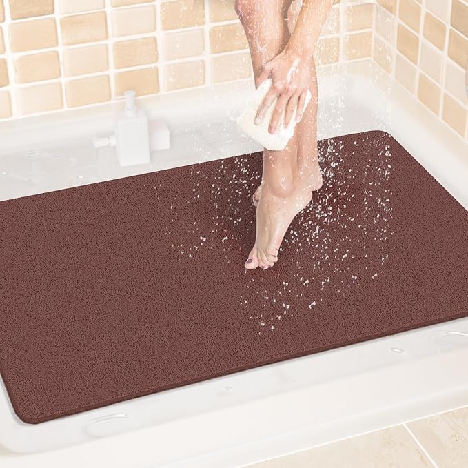 LuxStep Shower Mat Bathtub Mat,24x36 inch, Non-Slip Bath Mat with Drain, Quick Drying PVC Loofah Bathmat for Tub,Shower,Bathroom,Reddish Brown