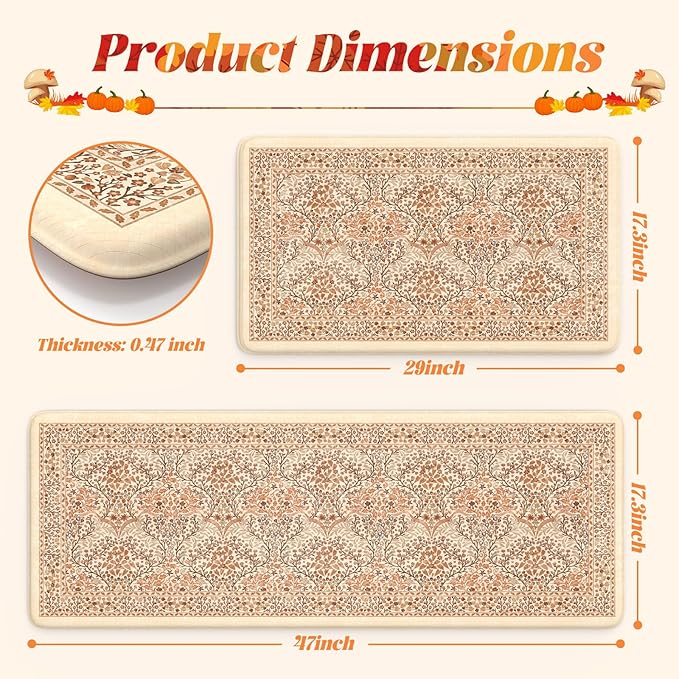 Collive Fall Kitchen Mats Cushioned Anti Fatigue, Vintage Floral Kitchens Rugs Set of 2 Brick Red Non Slip Floor Carpet, Waterproof Sink Mat Foam Comfort Standing Rug for Home Decoration