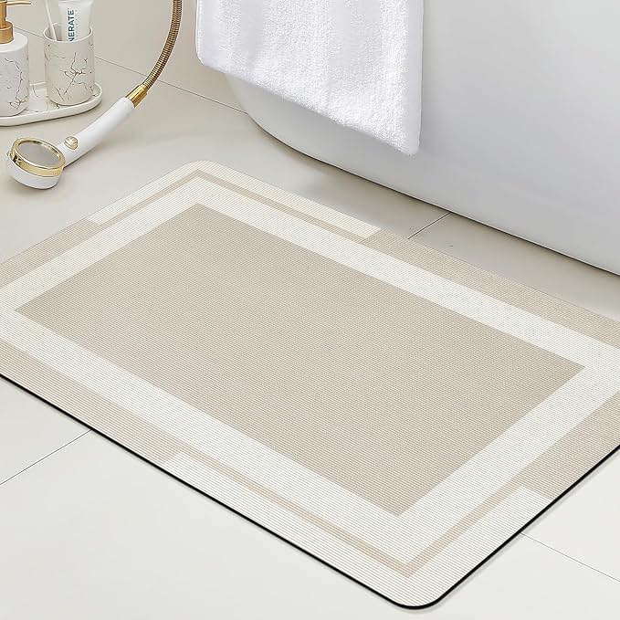 ACCUMTEK Non Slip Bath Mat, Thin Bathroom Rugs Fit Under Door, Quick Dry Bath Mats, Machine Washable Bath Rugs for Bathroom, Bathtub & Kitchen, Bathtub, Light Beige/Bordered/24 x17