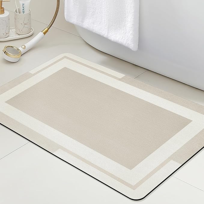 ACCUMTEK Non Slip Bath Mat, Thin Bathroom Rugs Fit Under Door, Quick Dry Bath Mats, Machine Washable Bath Rugs for Bathroom, Bathtub & Kitchen, Bathtub, Light Beige/Bordered/32 x20
