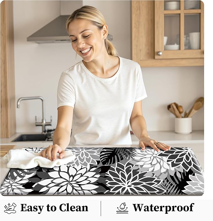 Arenarug Kitchen Mats for Floor 2PCS Cushioned Anti Fatigue Kitchen Mats Waterproof Non Slip Kitchen Mat Rug Set Comfort Foam Standing Mat for Sink, Laundry, Office, Black White