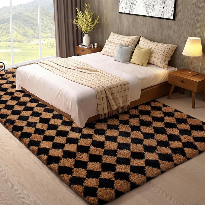 Ophanie 8x10 Black & Beige Diamond Checkered Rugs for Living Room Bedroom, Large Rhombus Fluffy Soft Fuzzy Area Rugs, Plush Shaggy Bedside Floor Carpet for Kids Baby Teen Dorm Home Decor Aesthetic