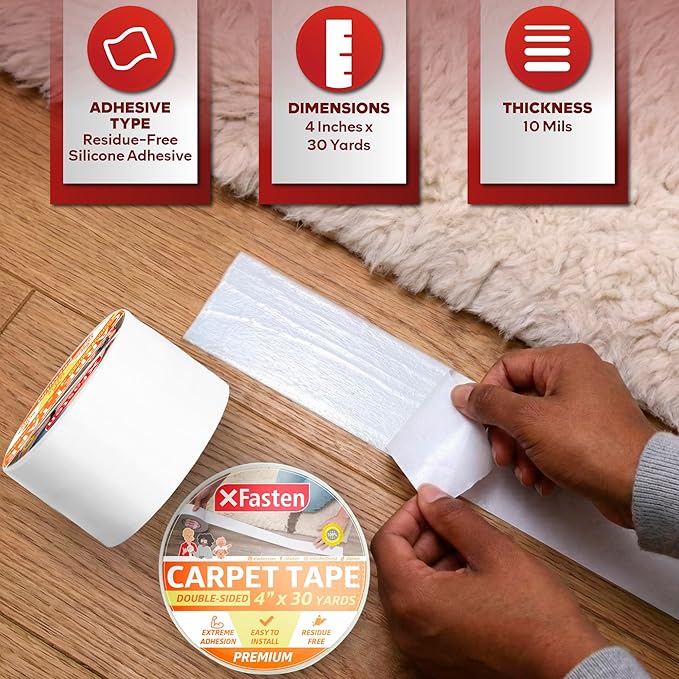XFasten Double Sided Carpet Tape for Area Rugs, 4 Inch x 30 Yards – Heavy Duty Anti Slip Rug Grip Tape, Works as Rug Gripper, Residue Free, Wood Safe, Easy Removal for Hardwood and Laminated Floors