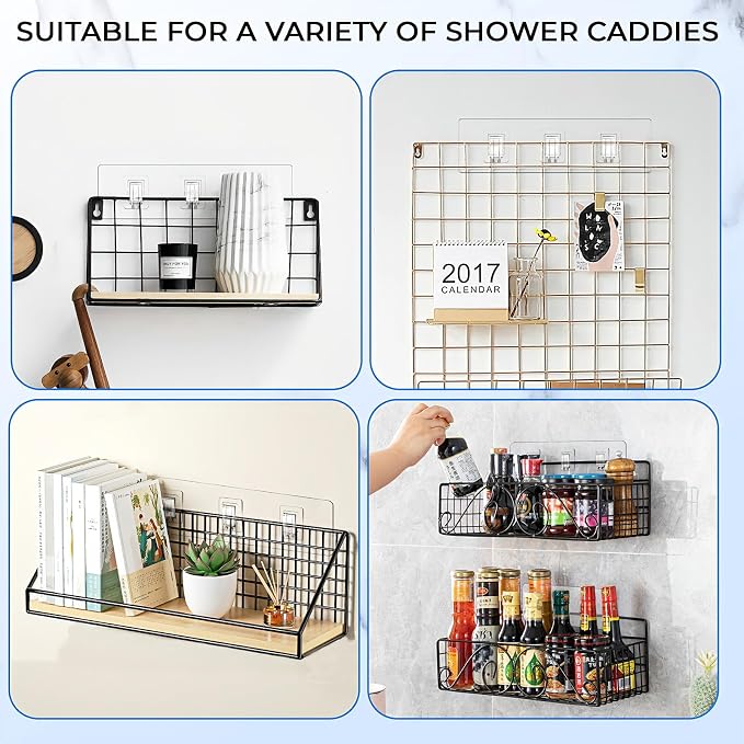 Shower Caddy Adhesive Replacement Hooks, Heavy Duty Waterproof Strips, No Drilling for Bathroom Shelves, Kitchen Racks, and Soap Holders (Transparent-4 Pack 3 Hook)