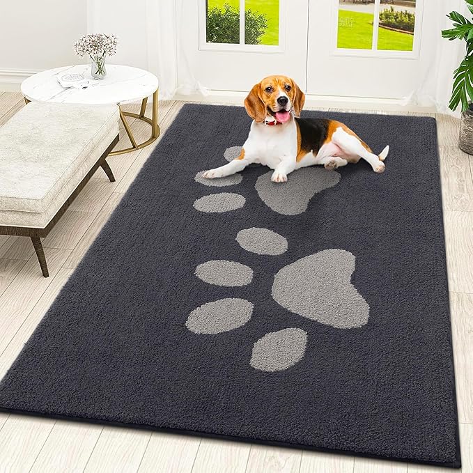 Smiry Dog Door Mat for Muddy Paws, Absorbs Moisture and Dirt, Low-Profile Entryway Mat with Non-Slip Backing, Entry Indoor Outdoor Doormat for Inside Floor (48x32 Inches, Dark Grey, Paw
