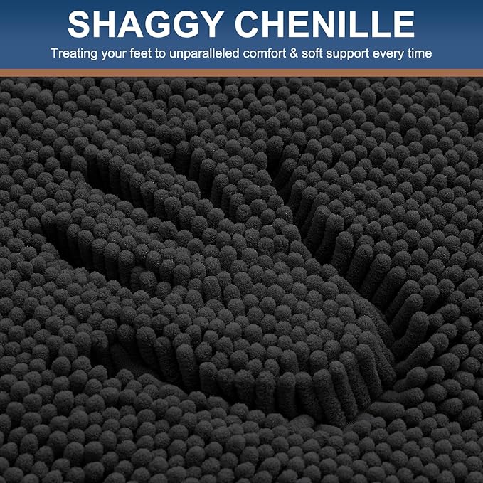 Smiry Luxury Chenille Bathroom Rugs 47x17, Extra Soft and Absorbent Shaggy Bath Mat, Machine Washable, Non-Slip Plush Carpet Runner for Tub, Shower, and Floor, Home Decor Accessories, Black