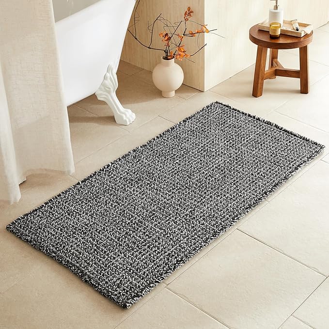TYUU Black and White Bathroom Rugs, Waffle Bath Mat Non Slip Washable Super Absorbent Quick Dry Boho Farmhouse Bathroom Decor, 48"x24" Black and White