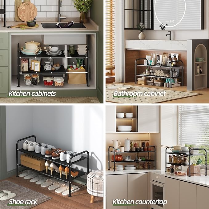 NETEL Under Sink Organizers and Storage,2 Tier Shelf Under Bathroom Sink,Cabinet Organizer with 8 Removable Carbon Steel Panels，Partition Height Adjustable,(27.36-36.02)" W x 12.28" D x 16.93" H