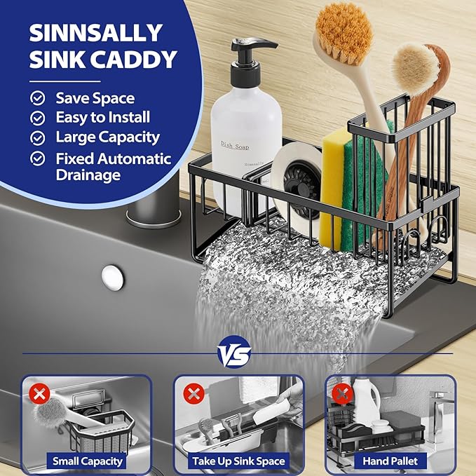 Sinnsally Kitchen Sponge Holder,Sink Caddy Organizer with Brush Holder,Stainless Steel Sink Box Dish Scrubber Holder with Self Drain Tray,Soap Dispenser Kitchen Storage Accessories(1 Tier-Black)