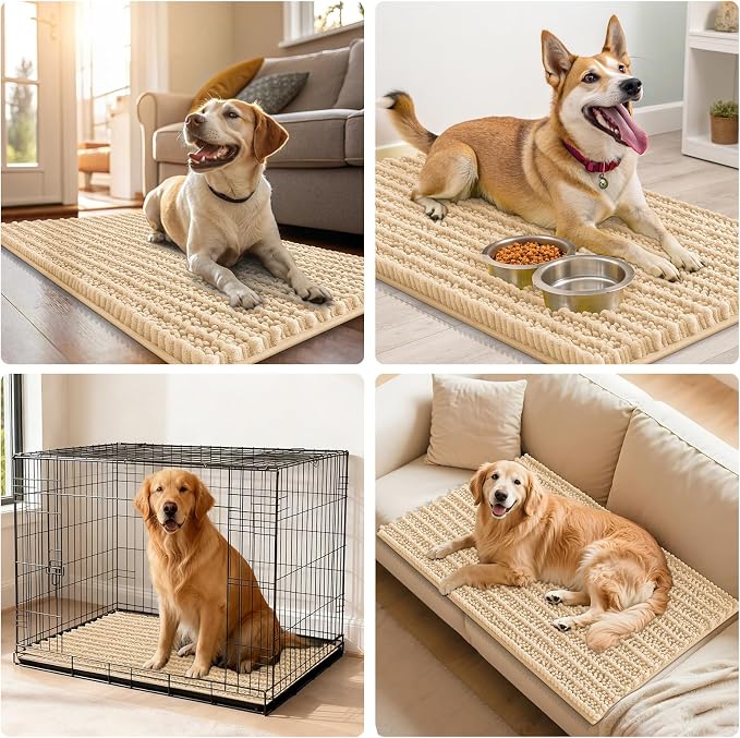 Smiry Dog Door Mat for Muddy Paws 59x20, Absorbent Dirt Trapper, Non-Slip Washable Chenille Entryway Rug for Inside Floor, Beige, Layered Pattern