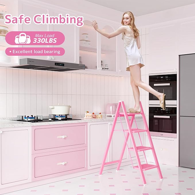 Pink 4 Step Ladder, Sturdy Foldable Ladder, Integrated 7.9Inch Wide Pedal and Anti-Slip Feet for Steady Support, Suitable for Kitchen, Closet, Indoor and Outdoor Use, 330Lbs Load