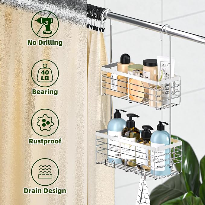 YUOROS Shower Caddy Hanging, 2 Tier Over the Door Shower Organizer Rack 304 Stainless Steel Rustproof Bathroom Storage Shampoo Holder Basket (Silver)