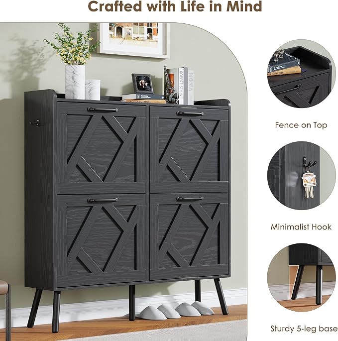 Nicetree Shoe Cabinet with 4 Flip Drawers, Hidden Shoe Rack Cabinet with Metal Legs, Farmhouse Narrow Shoe Storage Cabinet for Entryway, Foyer, Hallway, Black