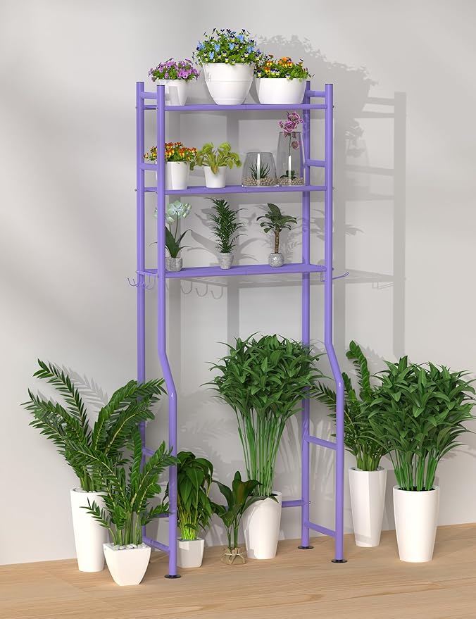 Livilord 3-Tier Over The Toilet Storage, Freestanding Metal Bathroom Shelves with 4 Hooks, Over Toilet Storage Shelf with Paper Holder, Above The Toilet Shelf for Bathroom Storage, Purple