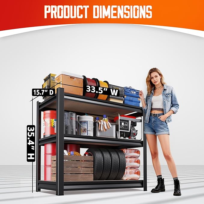 Set of 5 Garage Shelving,3 Tier Garage Storage Shelves,Adjustable Heavy Duty Metal Shelving Units and Storage Large Rack,Utility Steel Shelf For Shop Warehouse Industrial Pantry Basement 33"x35"x16"