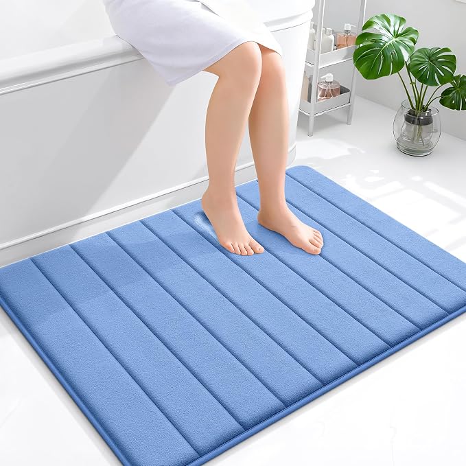 OLANLY Memory Foam Bath Mat 40x32, Super Soft Absorbent Bathroom Rugs, Quick Dry, Machine Washable Shower Floor Rugs, Bathmat Carpet, Bathroom Home Decor Accessories, Cornflower Blue