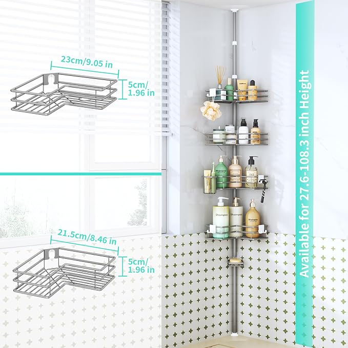 HapiRm Corner Shower Caddy Organizer - Shower Organizer Corner with Soap Holder, Toothbrush Holder and 4 Hooks, Rustproof Bathroom Shelf Tension Pole Available for 27.6 to 108.3 Inch - Silver