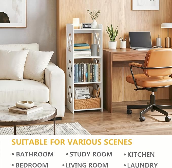 Small Bathroom Storage Corner Shelf, Waterproof PVC Narrow Floor Stand, Slim Gap Filler Organizer for Toilet Side, Laundry Room, Shower, Kitchen Spice Rack, White Restroom Holder (4-Tier)