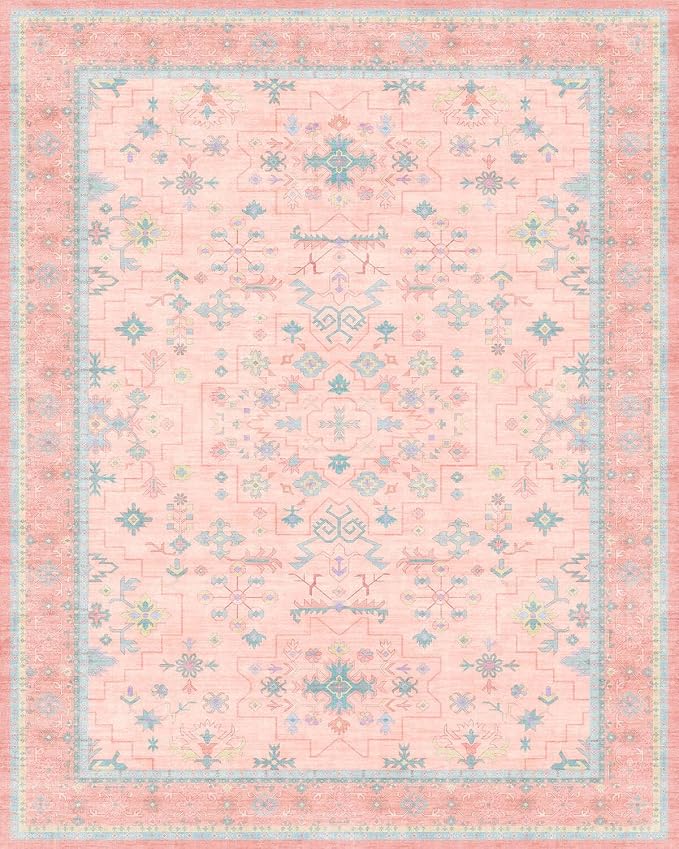 Washable Pink and Blue 9x12 Oushak Rugs for Living Room Rug Bedroom Girls, Modern Floral Aethestic Distressed Design, Soft Faux Wool Low Pile Non Slip Stain Resistance Carpet