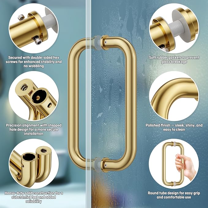 Ranbo Polished Gold 8" CTC Tubular Back-to-Back Shower Door Handle,Heavy-Duty 1.0mm Thick 304 Stainless Steel,for 1/4"- 1/2" Thick Glass and 1-3/8" - 2-1/6" Thick Wooden or Metal Doors