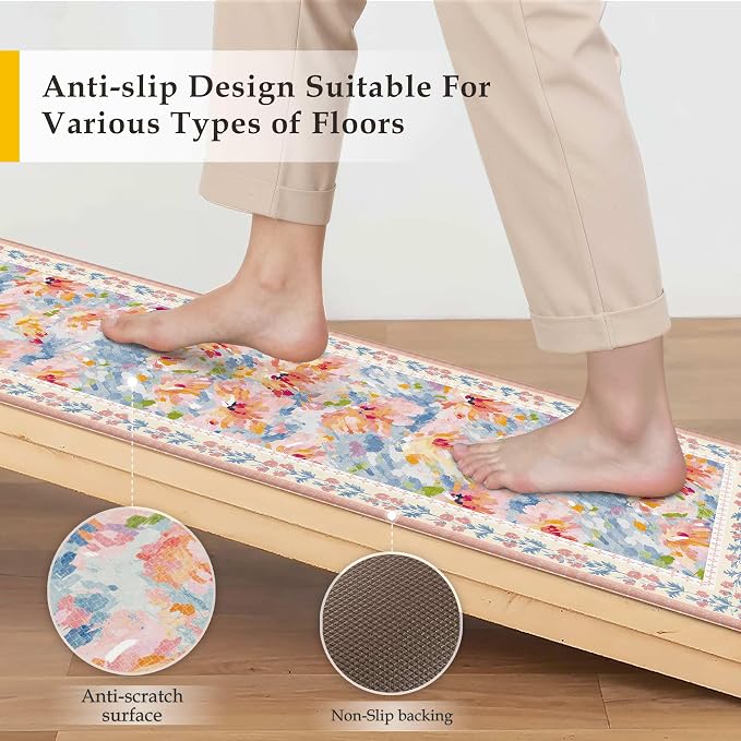 Anti Fatigue Kitchen Mats 2PCS Thick Non Slip Cushioned Rugs Pink Abstract Floral Waterproof Comfort Standing Mats for Floor Sink Laundry Office 17.3"×47"+17.3"×30"