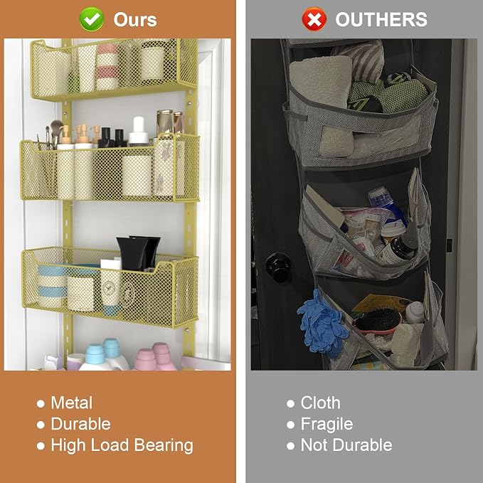 VyGrow Over The Door Organizer, Metal Door Organizer Hanging with 5 Adjustable Baskets and Coat Hook, Behind The Door Storage for Bedroom Closet Bathroom Pantry Cabinet Kitchen, Gold
