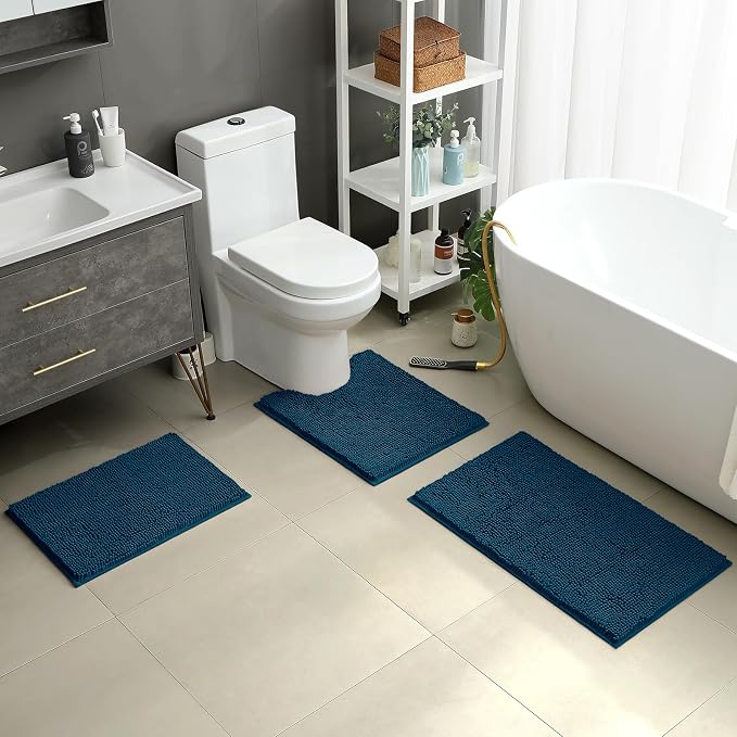 HOMEIDEAS 3 Pieces Bathroom Rugs, Extra Large Ultra Soft Non Slip Absorbent Chenille Toilet Bath Mat Set (Atlantic Blue)