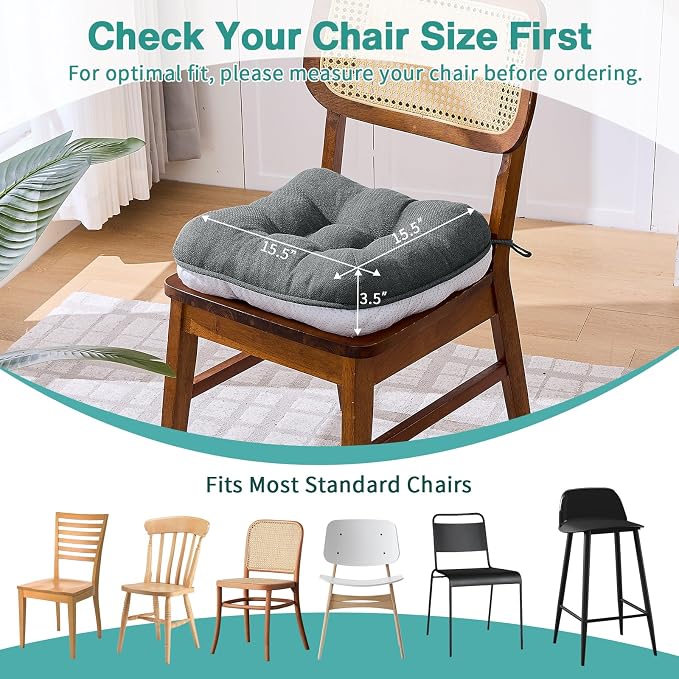 BETU Chair Cushions for Dining Chairs Set of 6,3.5" Thick Kitchen Table Chair Pads with Ties,Non Slip Backing and Covers, Seat Cushion for Dining Room,Bar,Patio Chairs,15.5"X15.5"X3.5",Dark Grey