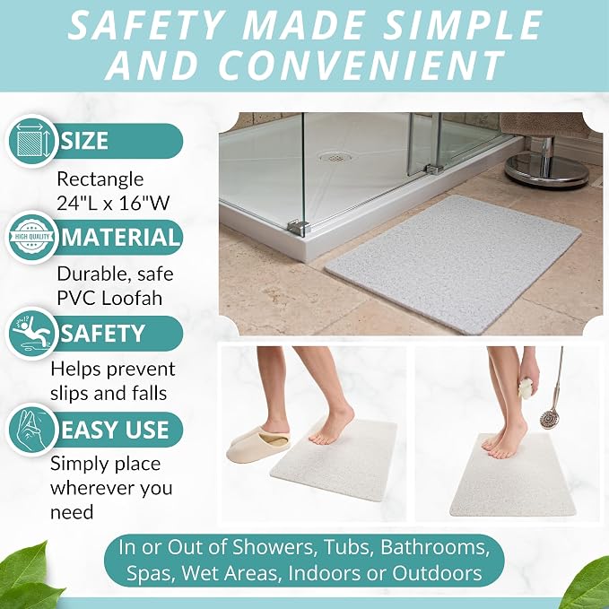 ENKOSI Loofah Non-Slip Shower and Bath Mat - Soft Cushioned Comfort - No Suction Cups for Smooth or Textured Tubs - Fast Draining - Safety for Bathroom, Family, Kids, and Elderly (24x16 White)