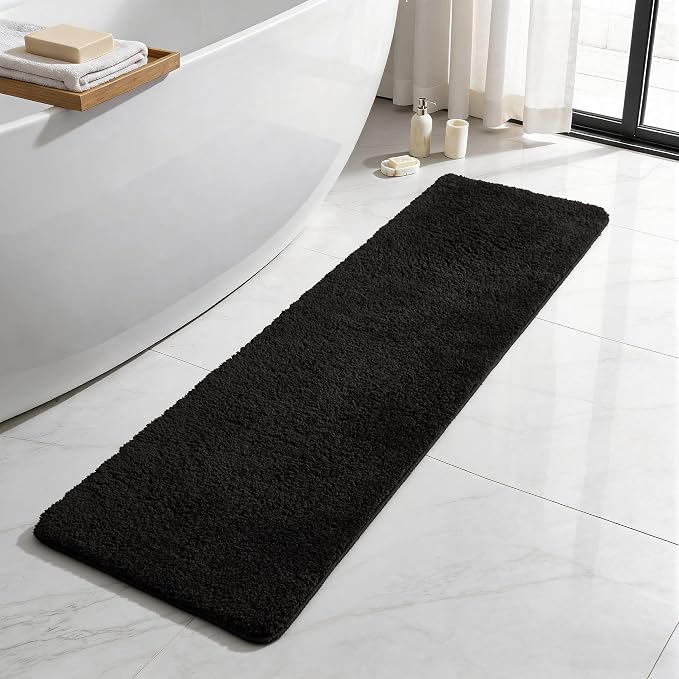 TYUU Black Bathroom Runner Rugs, Ultra Soft Long Bath Mat Machine Washable Super Absorbent Quick Dry Bathroom Runner Rug 16 x 60 Non Slip, Black 16" x 60"