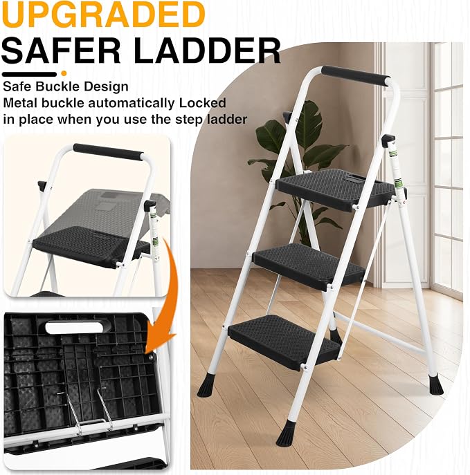 Step Ladder, Portable Steel Folding Step Stool with Wide Anti-Slip Pedal & Convenient Handgrip, Sturdy Steel Ladder, 3-Step, White