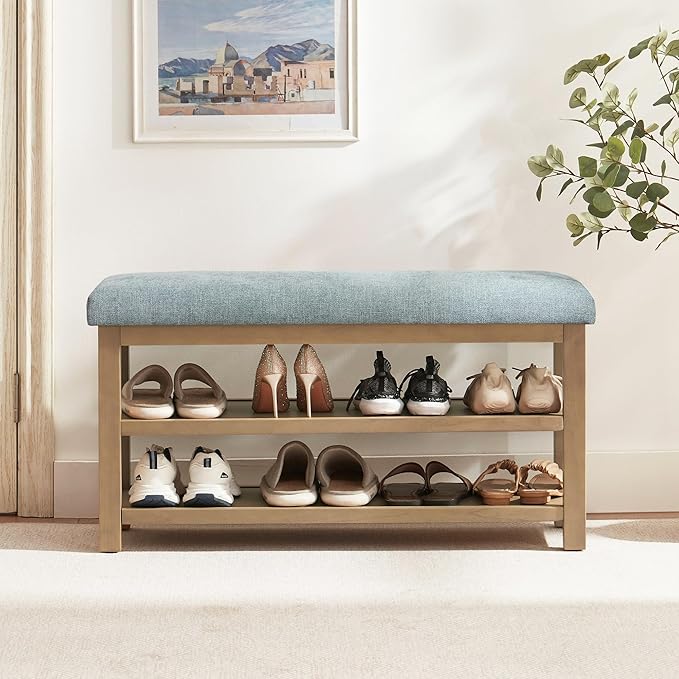 Zihanhome Shoe Rack Bench with Cushion, 2 Tier Solid Wood Storage Bench, Mid-Century Modern Shoe Bench for Entryway, Hallway, Closet, Front Door Entrance, Foyer (Teal, 39.4")