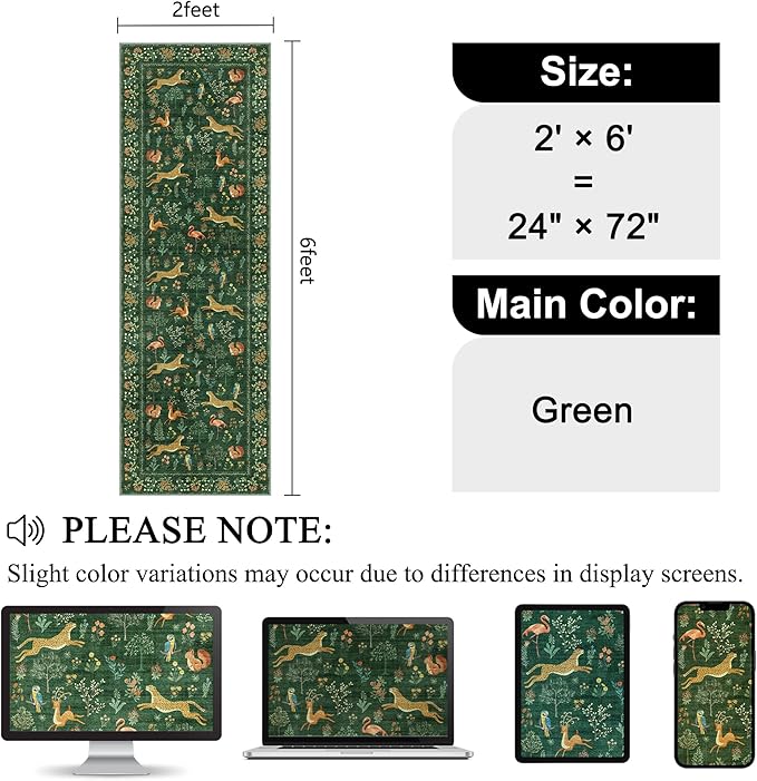 DUKINO 2x6 Rug for Hallway, Washable Kitchen Runner Rug with Non Slip Backing, Soft Low Pile Vintage Animal Runner for Bedroom, Kitchen, Hallway, Entryway, Laundry, Green